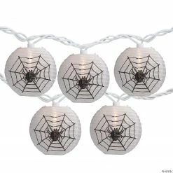 10-Count Black Spider in Web Paper Lantern Halloween Lights 8.5ft White Wire