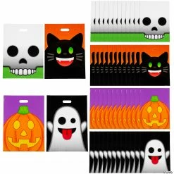 12 1/2" x 17" Bulk Large Halloween Emoji Face Trick-Or-Treat Plastic Goody Bags - 50 Pc.