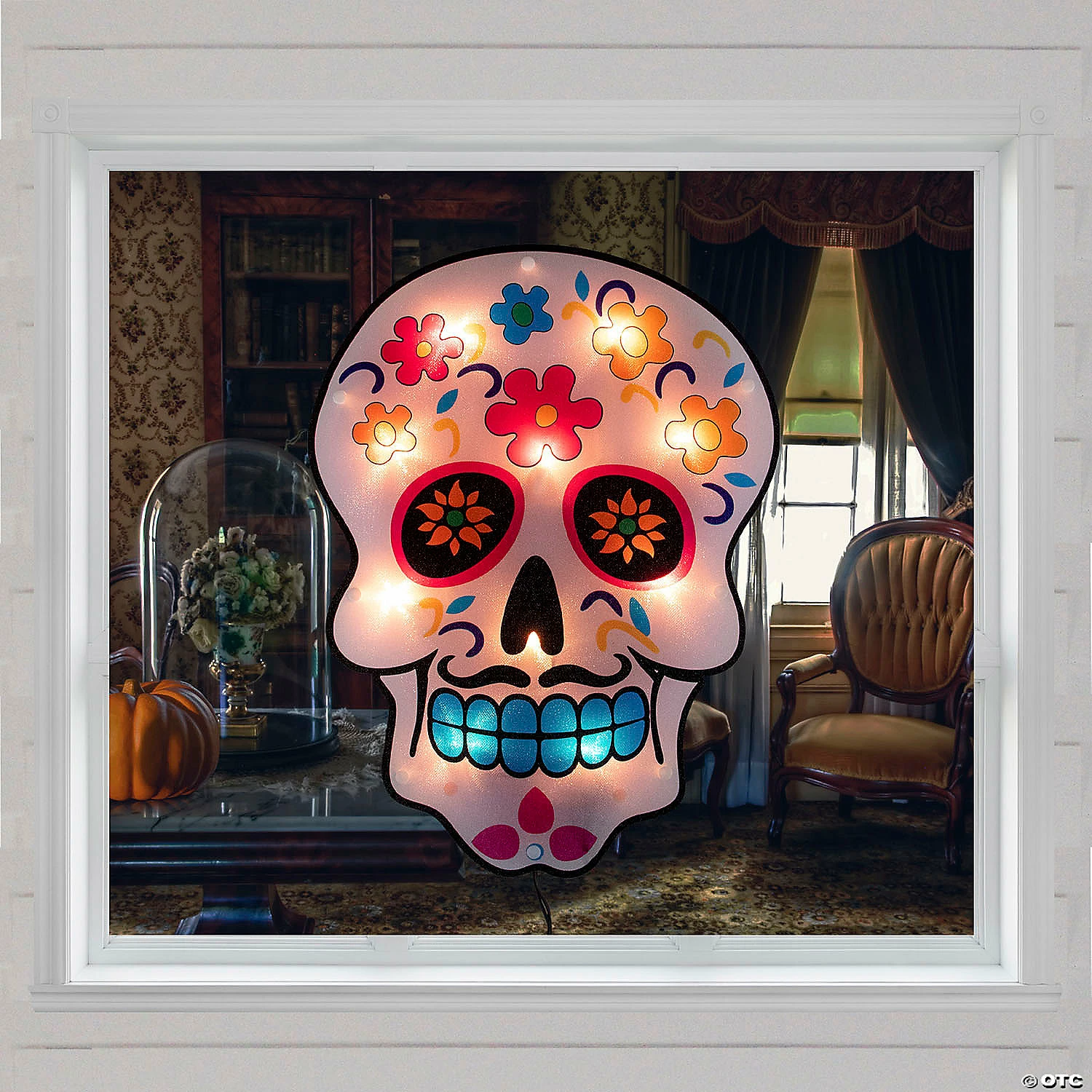 15" Lighted Day of the Dead Sugar Skull Halloween Window Silhouette Decor - Image 2