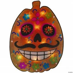 15" Lighted Sugar Skull Pumpkin Halloween Window Silhouette