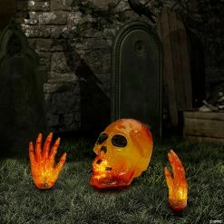 8.5" Lighted Orange Skull and Hands Outdoor Halloween Decoration - 4ft Black Wire