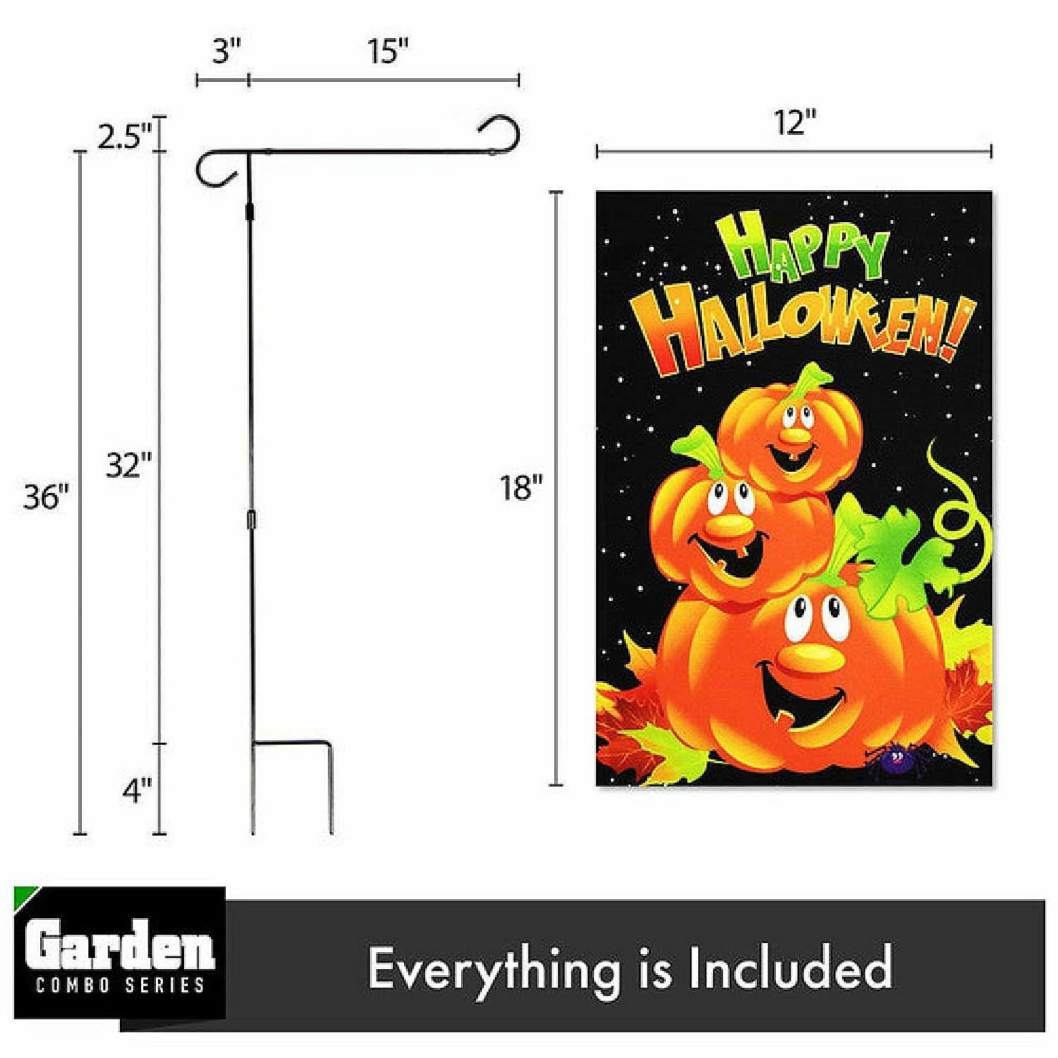 G128 - Combo Pack: Garden Flag Stand Black 36x16IN and Garden Flag Happy Halloween Three Pumpkins 12x18IN - Image 2