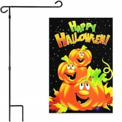 G128 - Combo Pack: Garden Flag Stand Black 36x16IN and Garden Flag Happy Halloween Three Pumpkins 12x18IN