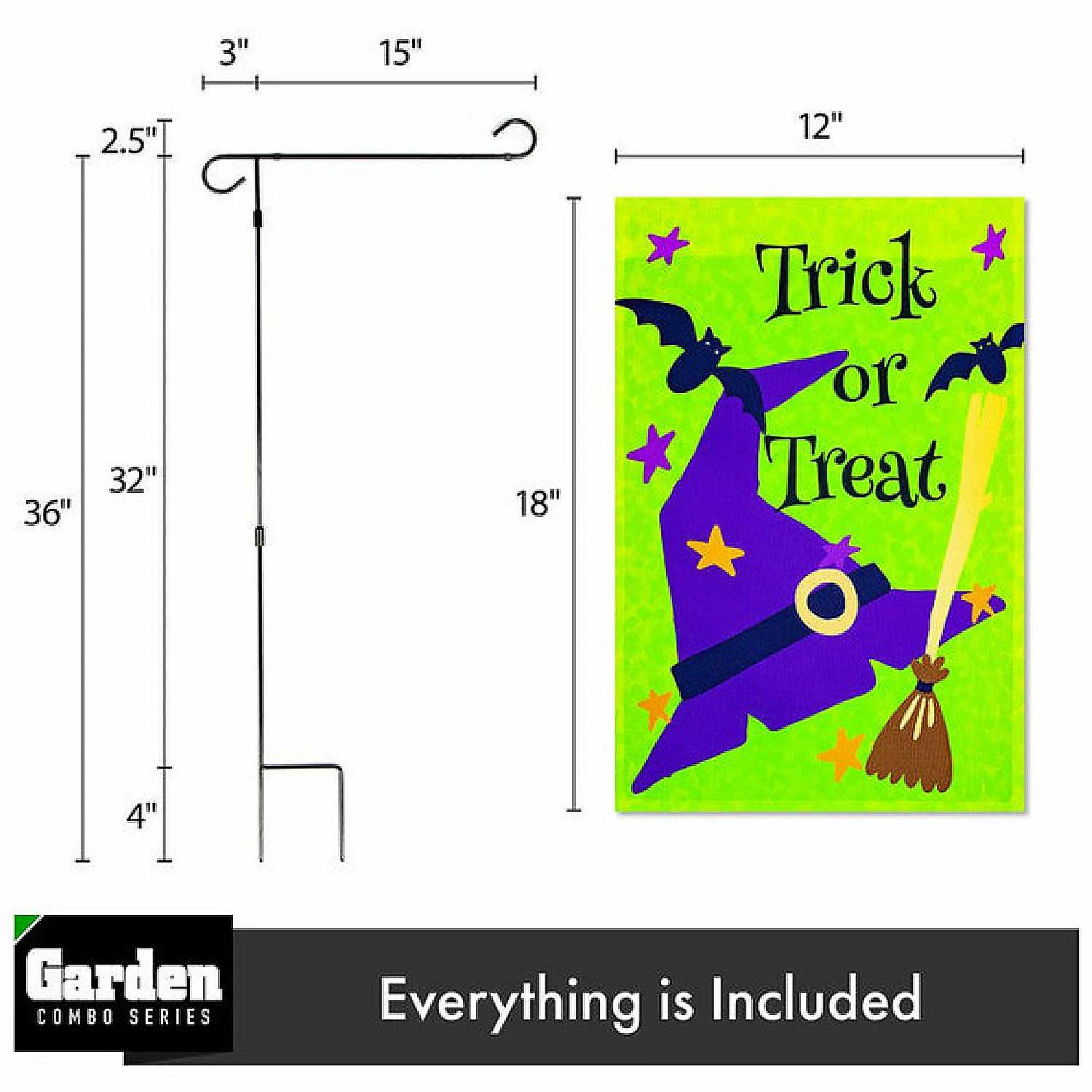 G128 - Combo Pack: Garden Flag Stand Black 36x16IN and Garden Flag Trick or Treat Purple Witch Hat Green 12x18IN - Image 2