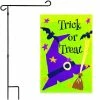 G128 - Combo Pack: Garden Flag Stand Black 36x16IN and Garden Flag Trick or Treat Purple Witch Hat Green 12x18IN
