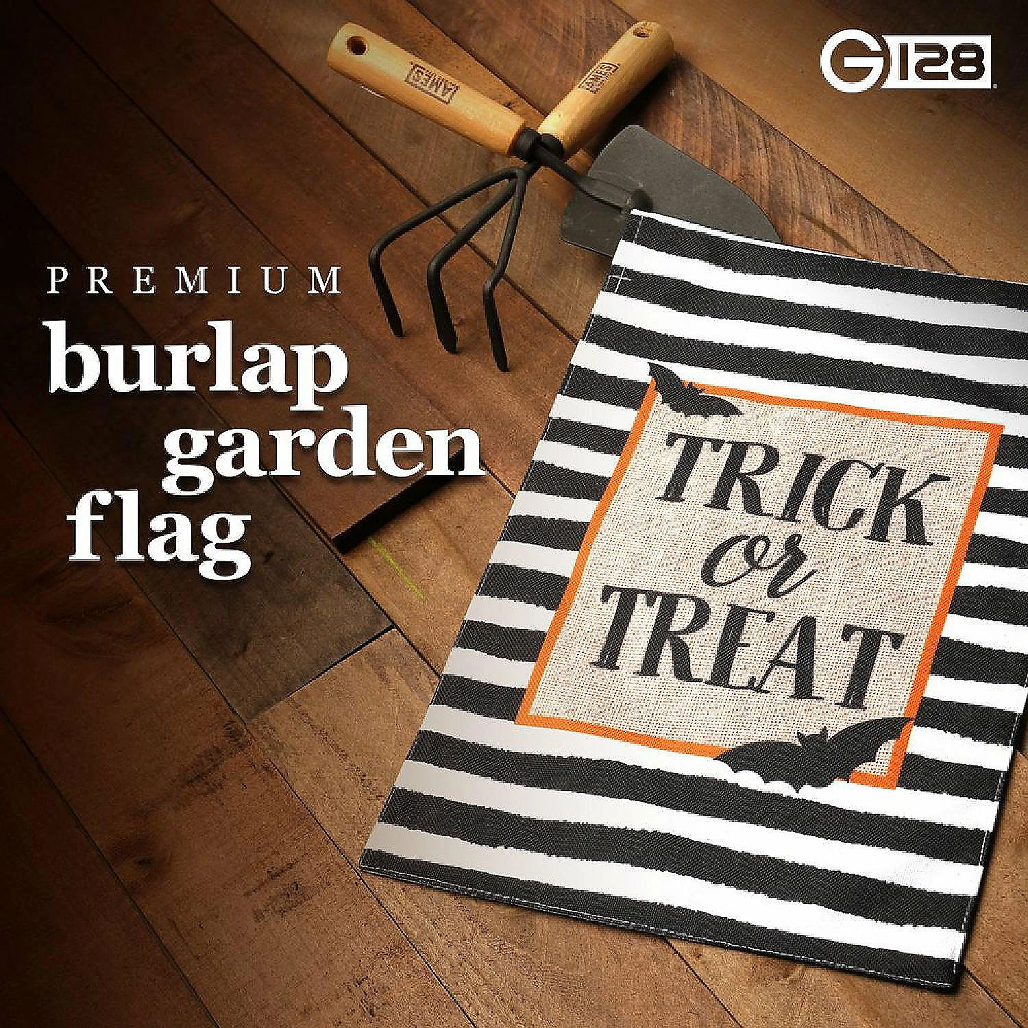 G128 - Garden Flag Halloween Decoration Trick or Treat Bats and Black and White Stripes 12"x18" Burlap Polyester - Image 2