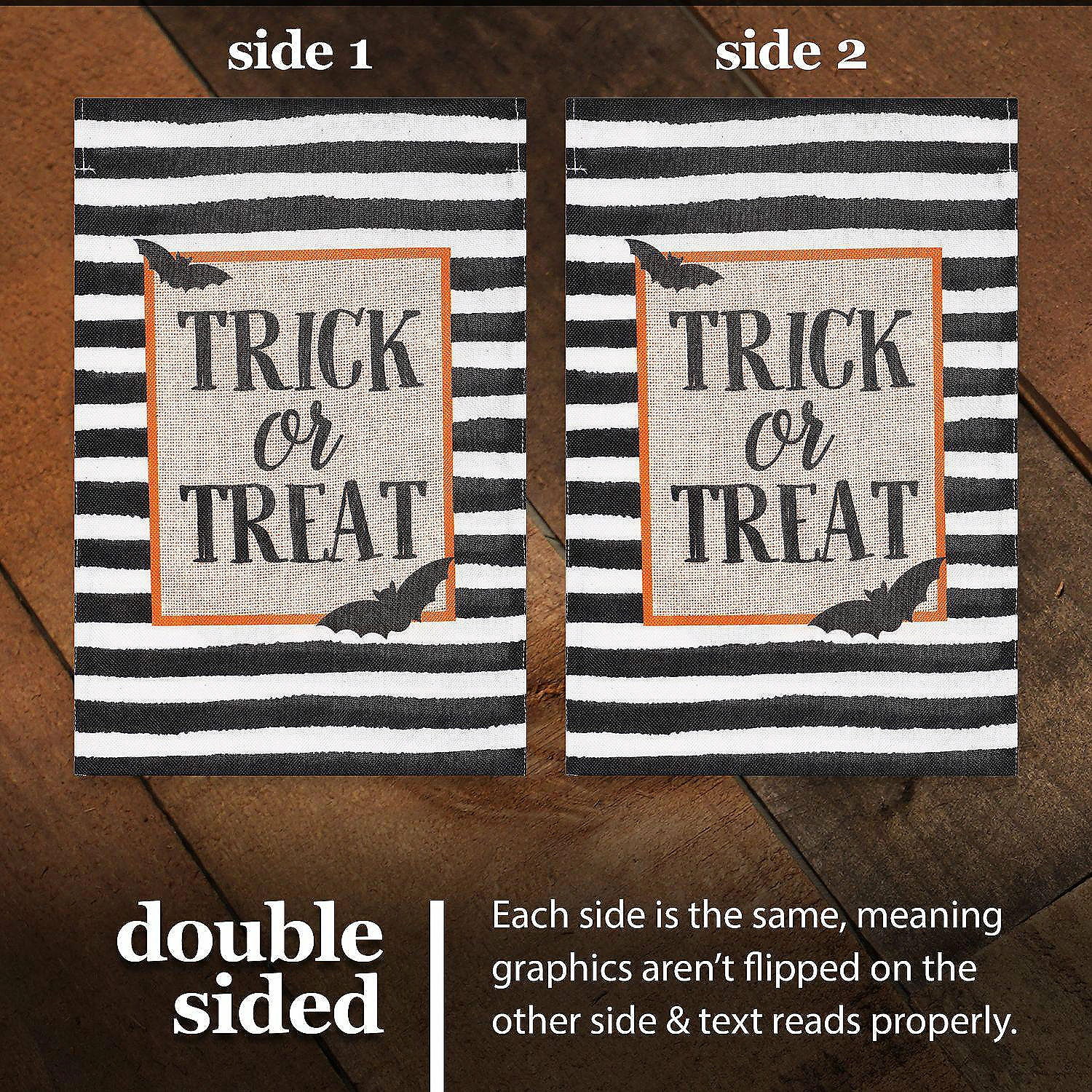 G128 - Garden Flag Halloween Decoration Trick or Treat Bats and Black and White Stripes 12"x18" Burlap Polyester - Image 3