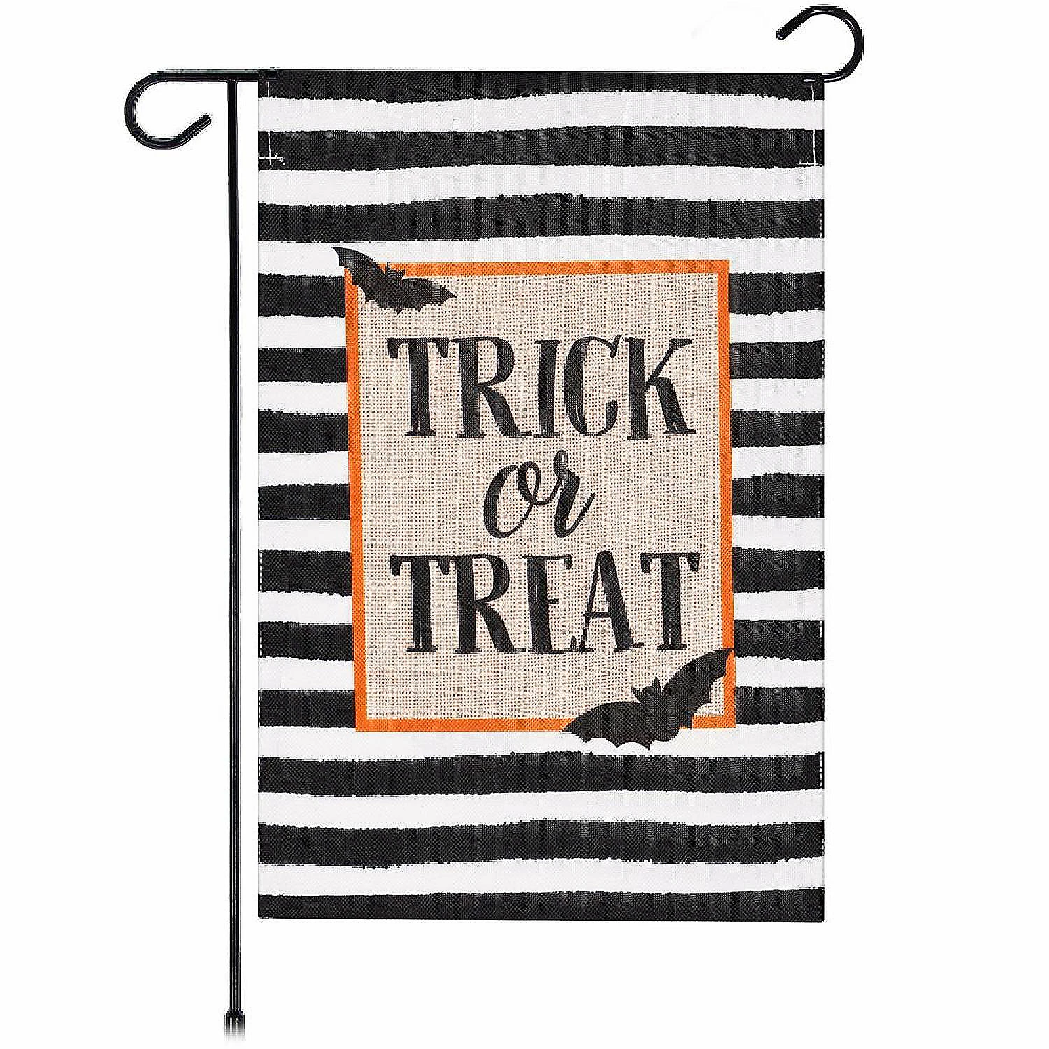 G128 - Garden Flag Halloween Decoration Trick or Treat Bats and Black and White Stripes 12"x18" Burlap Polyester