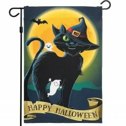 G128 Halloween Garden Flag, Happy Halloween Quote with Black Cat Garden Yard Decorations, Rustic Holiday Seasonal Outdoor Flag 12 x 18 Inch