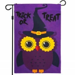 G128 Halloween Garden Flag, Trick or Treat Quote with Cute Owl, Garden Yard Decorations, Rustic Holiday Seasonal Outdoor Flag 12 x 18 Inch
