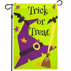 G128 Halloween Garden Flag, Trick or Treat Quote with Witch Garden Yard Decorations, Rustic Holiday Seasonal Outdoor Flag 12 x 18 Inch