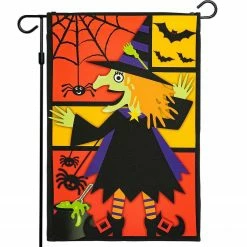 G128 Halloween Garden Flag, Witch, Bats, and Spiders Garden Yard Decorations, Rustic Holiday Seasonal Outdoor Flag 12 x 18 Inch