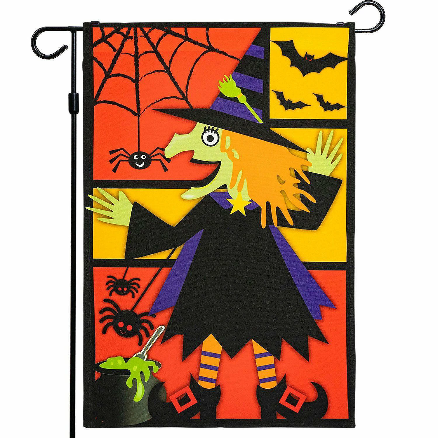 G128 Halloween Garden Flag, Witch, Bats, and Spiders Garden Yard Decorations, Rustic Holiday Seasonal Outdoor Flag 12 x 18 Inch