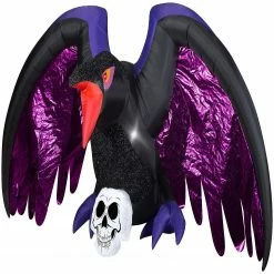 Gemmy Airblown Mixed Media Crow with Skull Scene 4.5 ft Tall Black