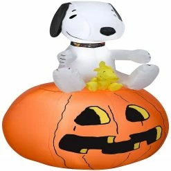 Gemmy Christmas Airblown Inflatable Snoopy with Halloween Collar and Woodstock on Pumpkin 3.5 ft Tall