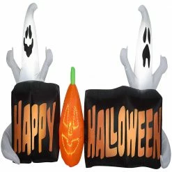 Gemmy Lightshow Airblown Micro Lights Sign Happy Halloween with Ghosts and JOL Scene (White) 3 ft Tall