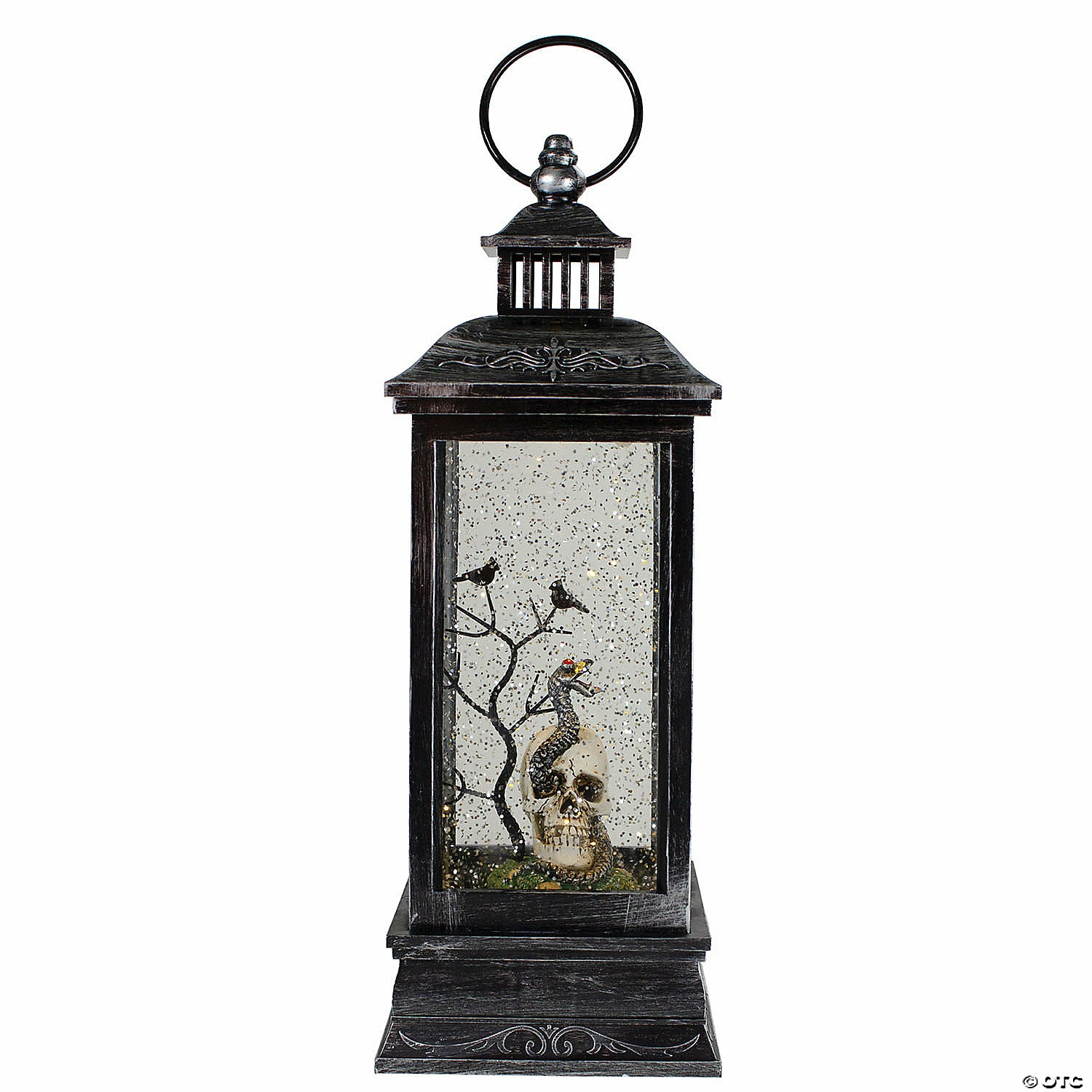 Northlight 11" Black and Brushed Silver LED Skull Head Halloween Snow Globe Lantern