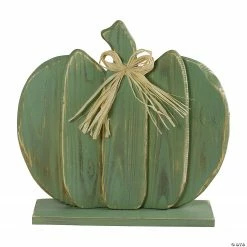 Northlight 14" Green Slatted Halloween Table Top Pumpkin with Bow