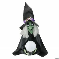 Northlight 26" Pre-Lit Black and Green Sitting Fortune Witch with Magic Ball Halloween Decor