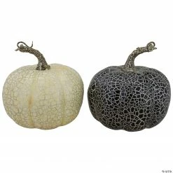 Northlight Set of 2 Black and Beige Fall Harvest Tabletop Pumpkins With a Brown Stem 5"