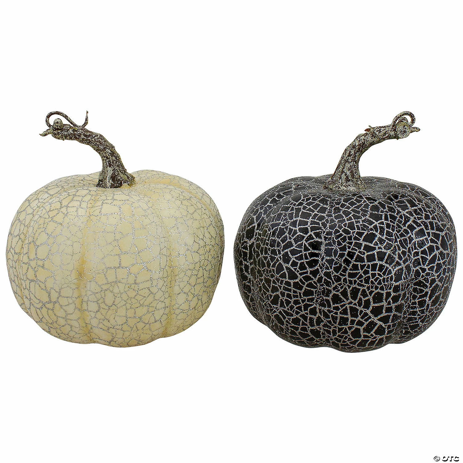Northlight Set of 2 Black and Beige Fall Harvest Tabletop Pumpkins With a Brown Stem 5"