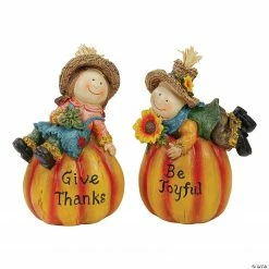 Northlight Set of 2 Girl and Boy Scarecrow Pumpkins With Sunflowers and Leaf's Fall Figurines - 6.5"