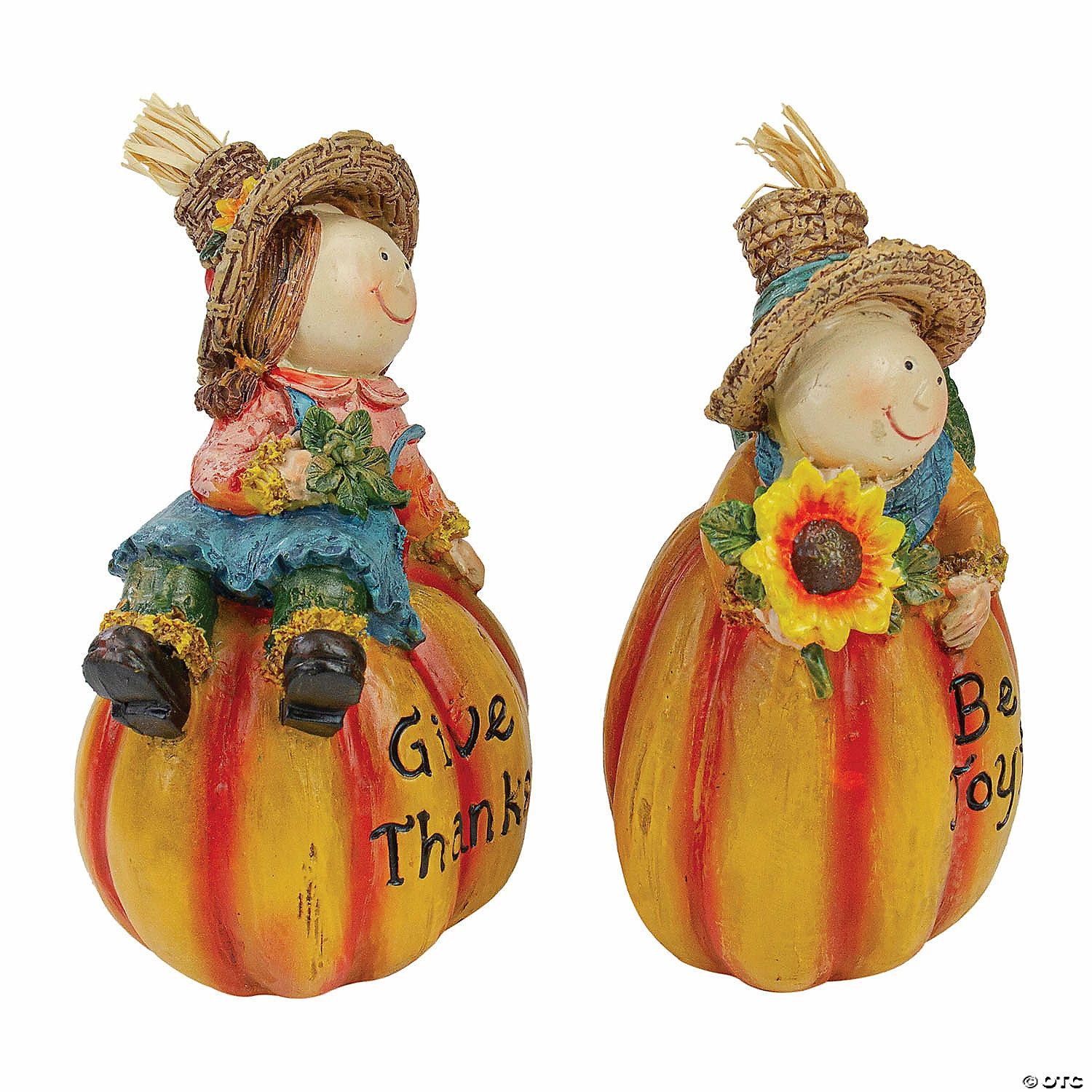 Northlight Set of 2 Girl and Boy Scarecrow Pumpkins With Sunflowers and Leaf's Fall Figurines - 6.5" - Image 3