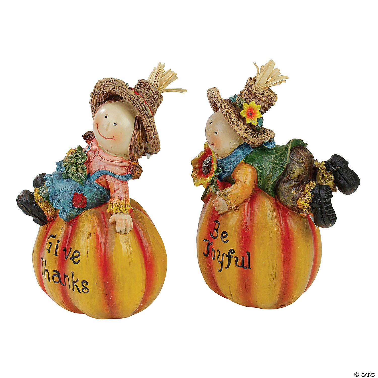 Northlight Set of 2 Girl and Boy Scarecrow Pumpkins With Sunflowers and Leaf's Fall Figurines - 6.5" - Image 4