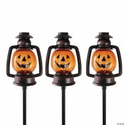 Set of 3 Orange Flickering Halloween Jack O’ Lantern Pathway Markers Outdoor Decor