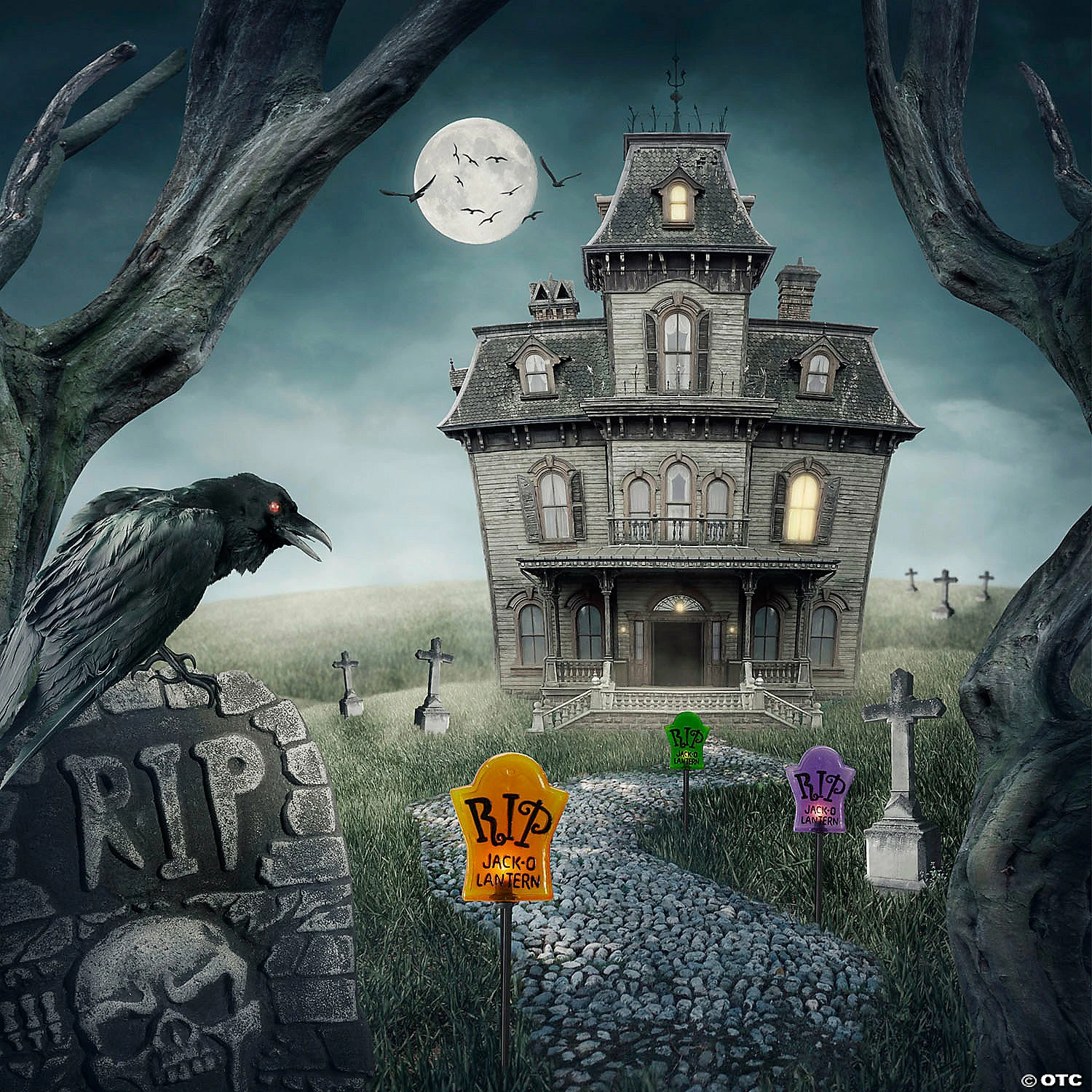 Set of 3 Tombstone Halloween Pathway Markers - 3.5ft Black Wire - Image 2